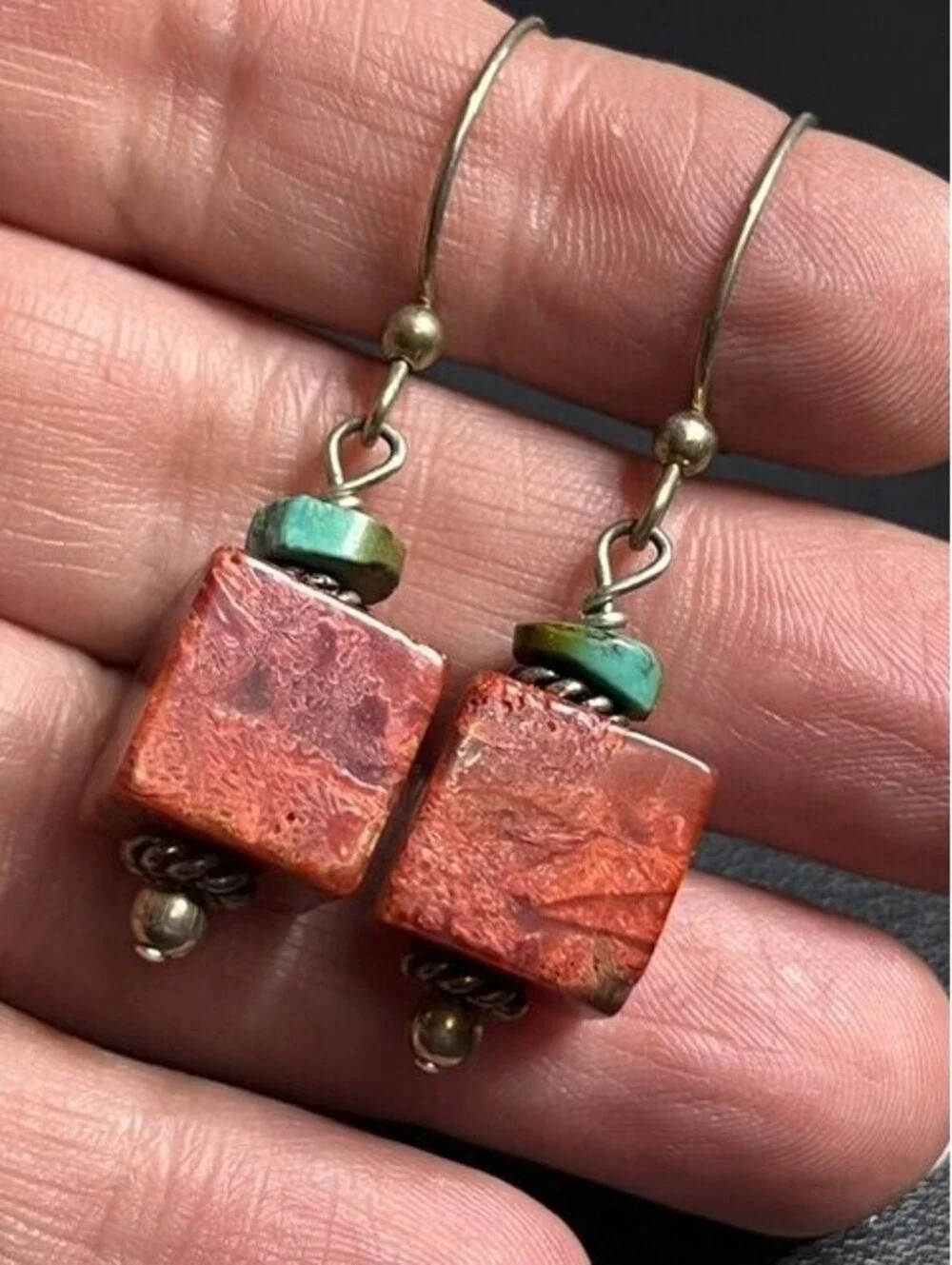 B6590 Artisan Spiny Oyster Turquoise Dangle Earrings Sterling Silver *unmarked